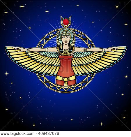 Animation Portrait Of Ancient Egyptian Winged Goddess. Color Drawing. Vector Illustration, Backgroun