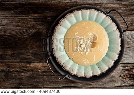 Traditional Recipe Of Du Barry Soup Cauliflower In Bowl On Wooden Background, Space For Text. Top Vi