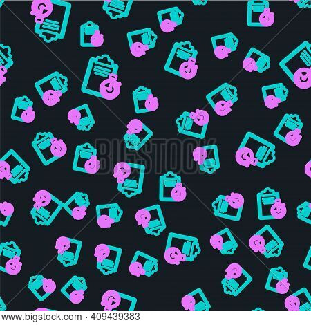 Line Verification Of Delivery List Clipboard Icon Isolated Seamless Pattern On Black Background. Vec