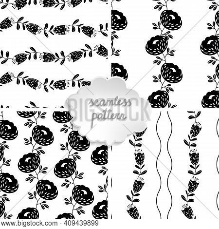 Set Of 4 Seamless Floral Patterns Based On Traditional Folk Art Ornaments. Black Flowers On White Ba