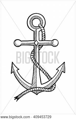 Anchor, Hand Drawn Isolated Vector Illustration In Black And White