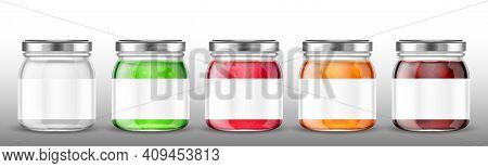 Glass Jars With Jam And Blank Label. Vector Realistic Mockup Of Clear Pots With Conserve Fruit, Jell