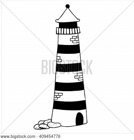 Lighthouse, Hand Drawn Isolated Vector Illustration In Black And White
