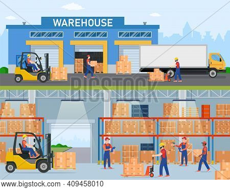 Warehouse Horizontal Banners With Storage Workers Engaged In Loading And Unloading Of Goods. Interio