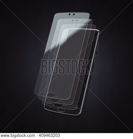 Smartphone screen protector glass or film cover. Transparent multi layered glass shield for mobile phone. 3d illustration