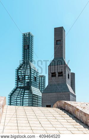 Santiago De Compostela, Spain - July 18, 2020: View Of City Of Culture Of Galicia. Situated On The T