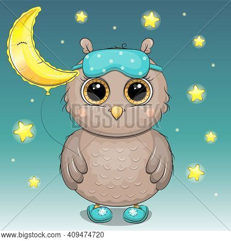 A cute cartoon owl wearing a sleep eye mask and slippers is holding a balloon. Night bird vector illustration on blue background with stars and moon.