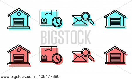 Set Line Envelope With Magnifying Glass, Warehouse, Cardboard Box And Fast Time And Warehouse Icon. 