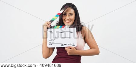 Asian Sexy Woman Hold White Clapper Board Or Movie Slate Isolated On White Background.she Have Tan S