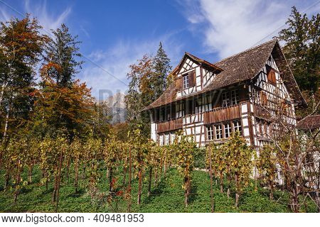 Ballenberg, Bern, Switzerland - September 10, 2020: Half-timbered Historic Building In Ballenberg, S