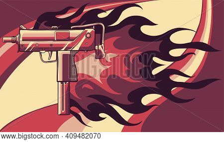Vector Illustration Of A Uzi Gun With Flames