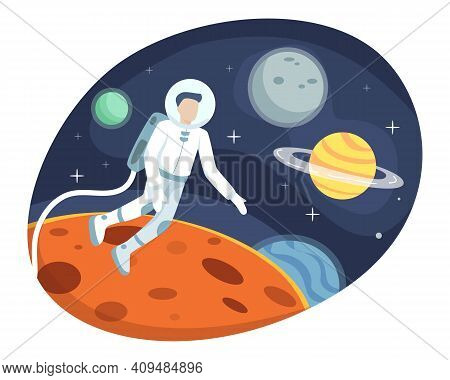 Astronaut Exploring Outer Space, Astronaut Floating In The Stratosphere. Cosmonaut In Spacesuit, Spa