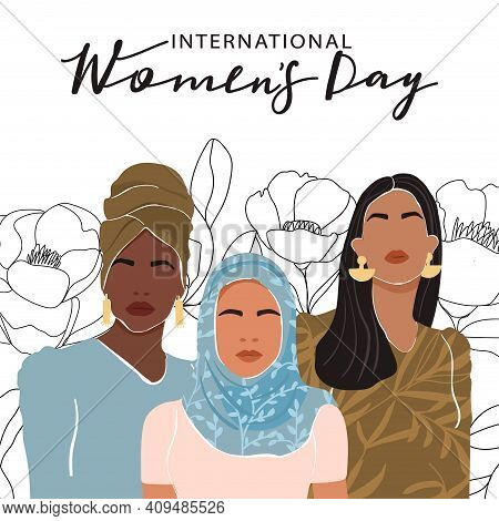 International Women's Day Greeting Card. Abstract Woman Portrait Different Nationalities On Floral L