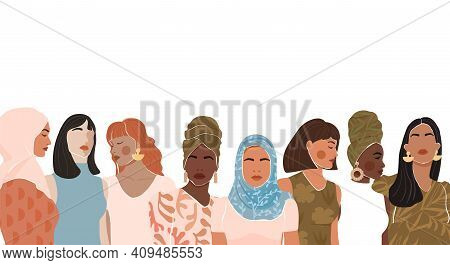 Abstract Woman Portrait Different Nationalities And Culture. Girl Power, Struggle For Equality, Femi