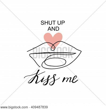 Trendy Abstract One Line Lips With Heart Shape. Minimalist Concept. Stylish Typography Slogan Design