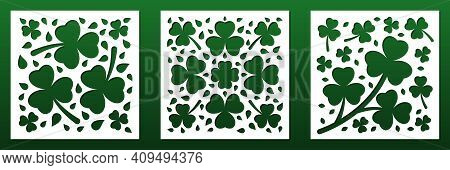 Laser Cut Panels. Floral Pattern With Clovers And Iirish Shamrocks For Cnc Cutting.  Card Background