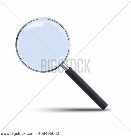 Realistic Magnifying Glass Isolated On White Background. 3d Magnifier Loupe With Glass And Dark Hand