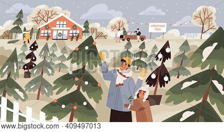 People Choosing And Buying Firtrees At Local Seasonal Christmas Tree Farm In Winter. Family At Eco-f