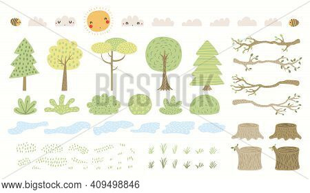 Woodland Landscape Clipart Set, Tree, Bush, Grass, Pond, Isolated On White. Hand Drawn Vector Illust