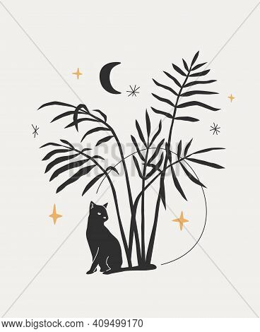 Cat, Crescent Moon, Stars, And Palm Leaves. Black Vector Silhouettes Isolated Over Gray Background. 