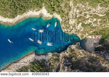 Aerial Overhead Drone Shot Of Stiniva Covert Cove Beach In Adriatic Sea On Vis Island In Croatia In 