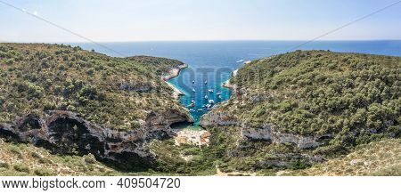 Aerial Panoramic View Of Sheltered Stiniva Cove Beach Of Adriatic Sea On Vis Island In Croatia Summe
