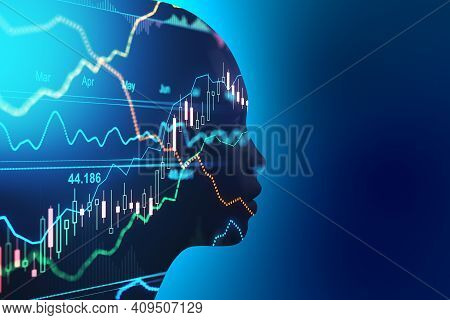 Artificial Intellingence Trading Concept With Robot Silhouette At Blue Background And Forex Chart Da