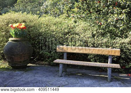 Verbania (vco), Italy - April 01, 2017: A Banch In Villa Taranto Botanical Gardens, Verbania, Piedmo