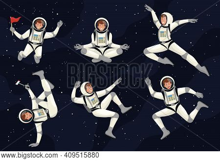 Spaceman Cosmonaut Science Icon Space Set. People Wearing Spacesuits In Different Poses. Cartoon Ast