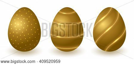 Golden Easter Eggs Isolated.  Gold Egge With Glowing Lines Pattern And Shiny Sparkles With Light Eff