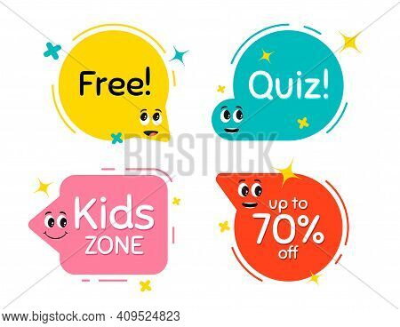 Speech Bubbles With Face Emotions. Smile Face, Surprised And Interested Character Emotions. Kids Zon