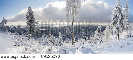 Panoramic Winter Landscape, View Of Cakova Vyhlidka Viewpoint At Fields, Forest, Villages And Snowy 