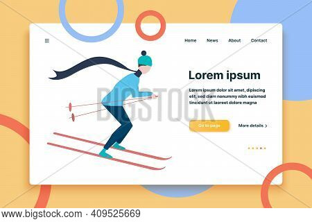 Young Woman Going Skiing Flat Icon. Winter Vacation, Ski Resort, Athlete. Winter Activity Concept. V