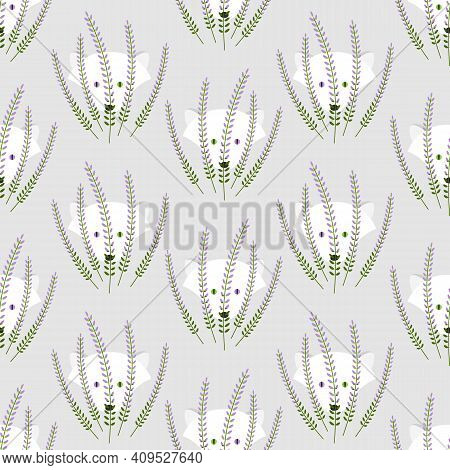 Vector Seamless Pattern With Cute Polar Foxes Hide Behind A Blooming Heather. Designed For Children 