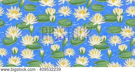 Lotus Flower Seamless Pattern, Background With Water Lillies. Botanical Illustration Style. Stock Ve