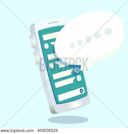 Chating Icon In Flat Style Isolated In Front Of Smartphone. Speech Bubble Symbol For Your Web Site D