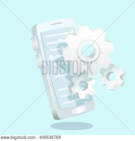 Setting Icon Vector, Tools, Cogs, Gears Sign Isolated In Front Of Smartphone. Help Options Account C