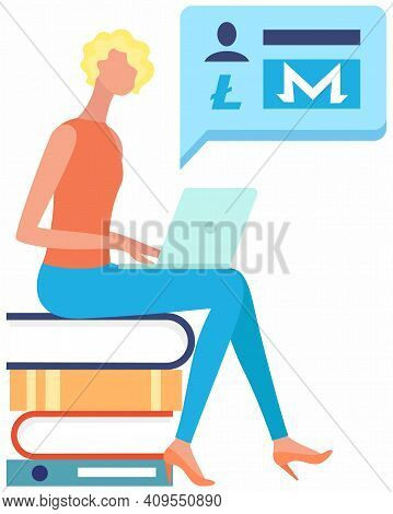 Young Woman With Laptop Sitting On Stack Of Books, Makes Online Purchases, Earns Money Mining Crypto