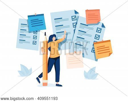 Task Done Female Vector Illustration. Time Management Flat Tiny Persons Concept. Woman Checklist Wit