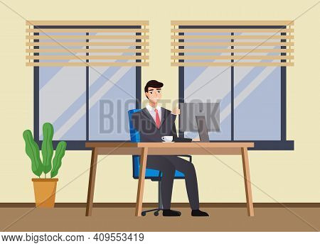 Office Worker At The Table With A Laptop. Smiling Businessman Or A Clerk Working At His Office Workp