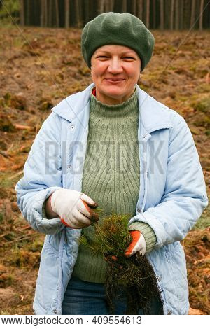 Gorodok, Volyn / Ukraine - April 01 2011: Woman Posing With Pine Seedling During Sustainable Refores