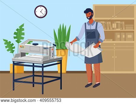 Man Works With Equipment Cuts Paper Wide Format. Printshop And Polygraphy Office Worker. Typography 