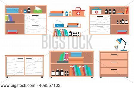 Medical Cabinet Or Wardrobe For Interior In Clinic Or Hospital, Shelves With Bottles, First Aid, Fol
