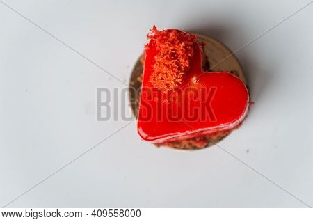 Red Heart Cacke Isolated On White. Pastry Heart With Jelly