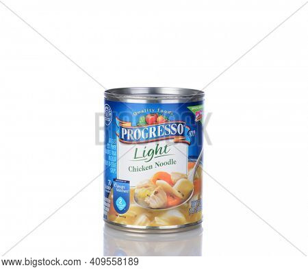IRVINE, CA - January 05, 2014: A can of Progresso Light Soup Chicken Noodle. Progresso, owned by General Mills has been making soups for over 90 years.
