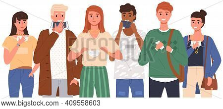 Group Of People Wearing Medical Masks. Cartoon Characters Take Off Their Protective Masks And Smile 