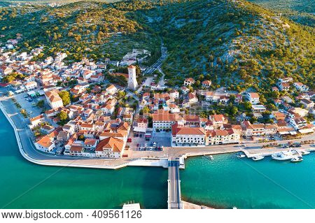 Coastal Town Of Tisno Aerial Panoramic View, Bridge To Island Of Murter, Dalmatia, Croatia