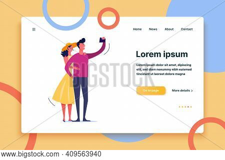 Young Cute Cheerful Couple In Love Taking Selfie. Self Portrait Flat Vector Illustration. Selfie Con