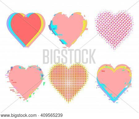 Glitch Noise Distortion And Halftone Hearts Set With Chromatic Aberration Effect
