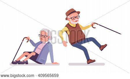 Old People, Elderly Man, Woman In Slip And Fall Accident. Senior Citizens, Retired Grandparents, Old